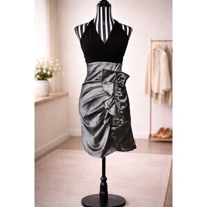 Black Silver Cocktail Dress S Halter Pleated Metallic Semi Formal NWT Prom Chic
